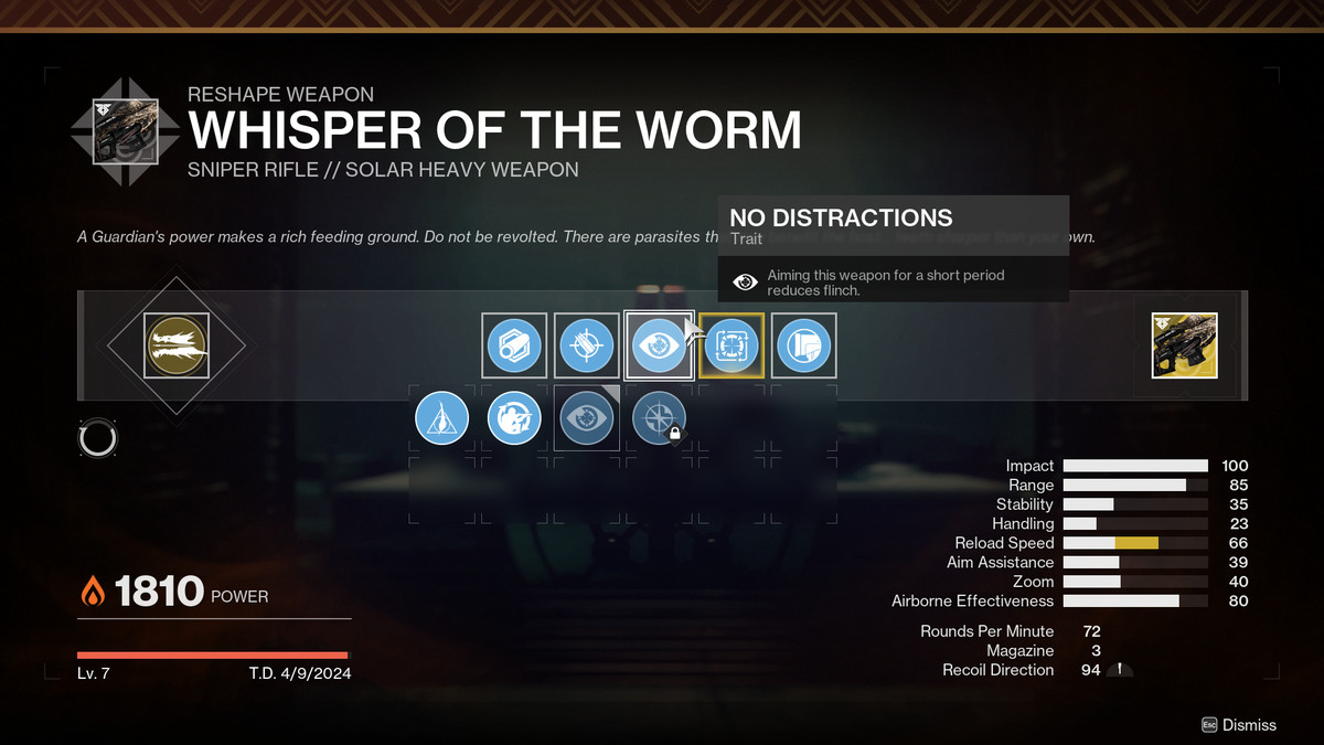 The Whisper of the Worm craftable gun with the No Distractions perk