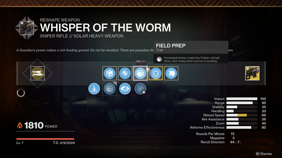 The Whisper of the Worm craftable gun with the Field Prep perk