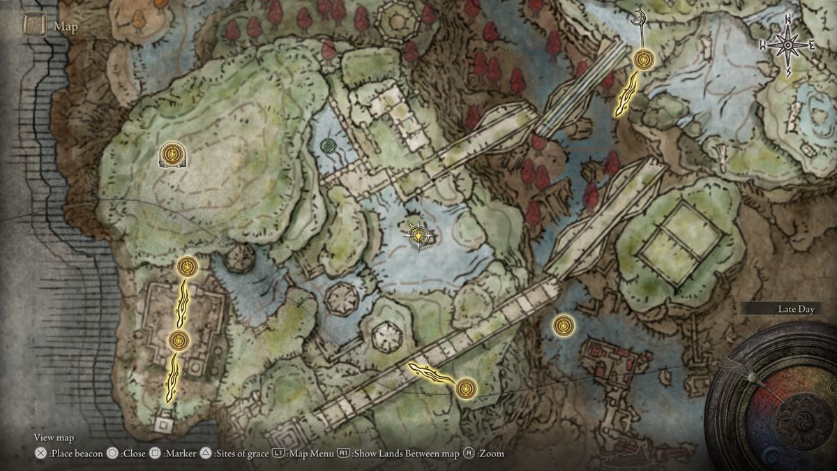 A screenshot of the Elden Ring: Shadow of the Erdtree map, highlighting the location of the Crimson-Sapping Cracked Tear crystal tear and its Furnace Golem in Rauh Ancient Ruins