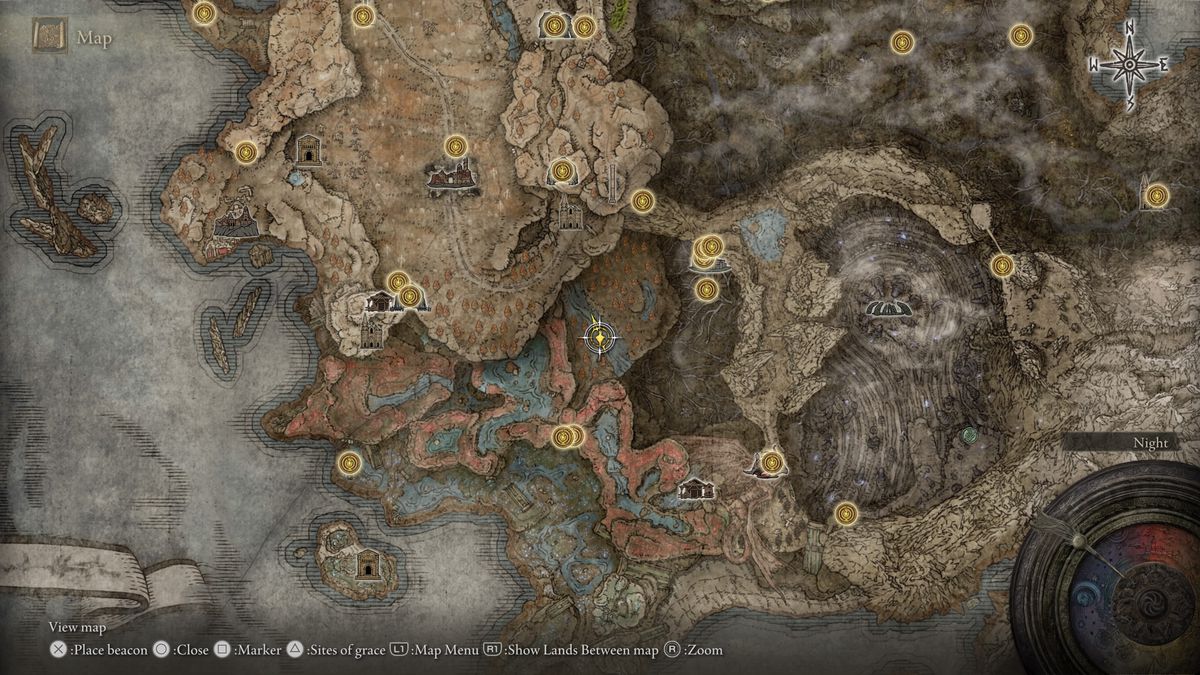 A screenshot of the Elden Ring: Shadow of the Erdtree map, highlighting the location of the Viridian Hidden Tear crystal tear and its Furnace Golem in Charo’s Hidden Grave