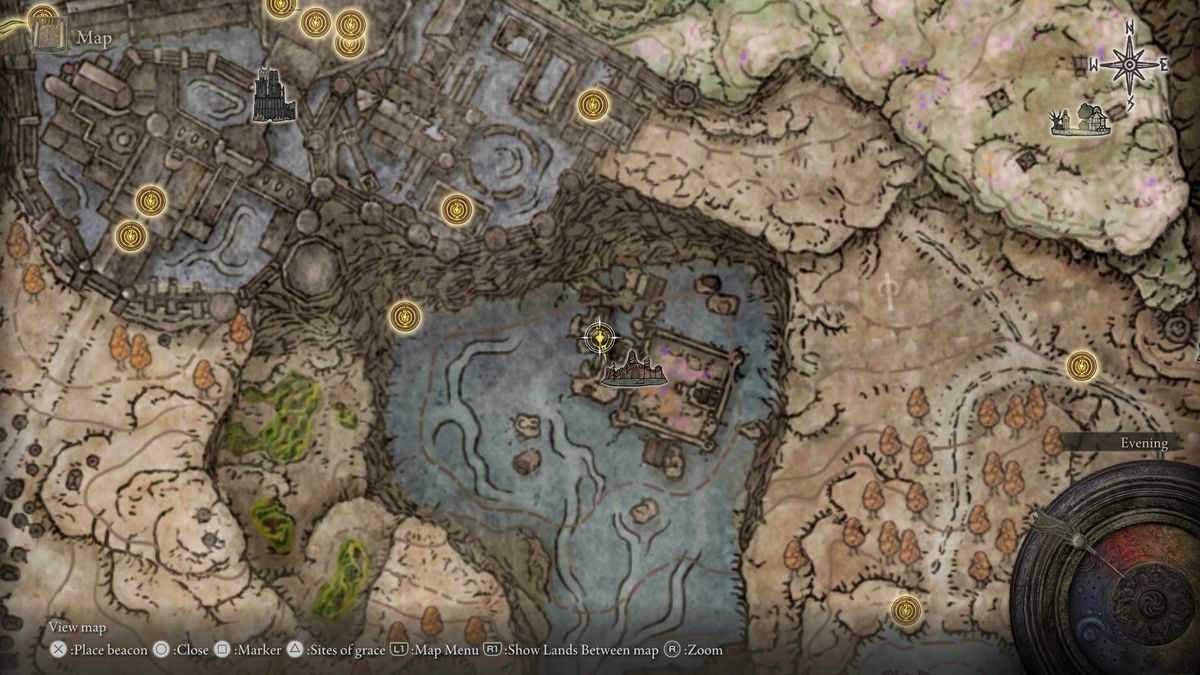 A screenshot of the Elden Ring: Shadow of the Erdtree map, highlighting the location of the Bloodsucking Cracked Tear crystal tear and its Furnace Golem in Ruins of Unte