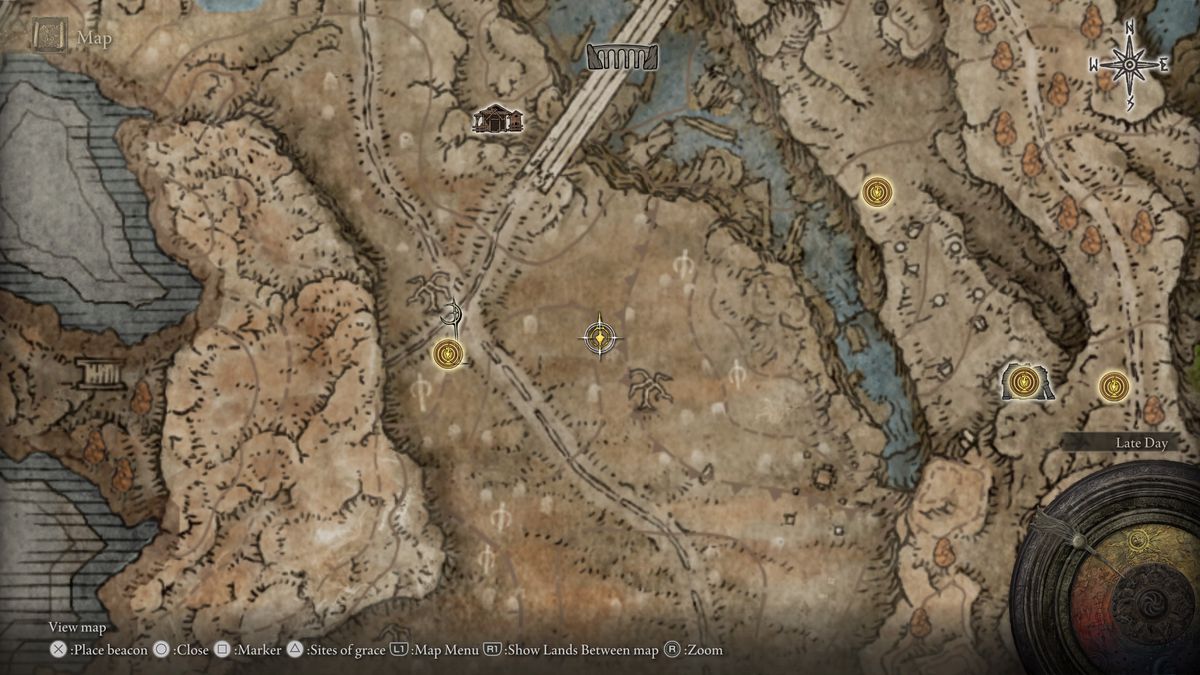 A screenshot of the Elden Ring: Shadow of the Erdtree map, highlighting the location of the Deflecting Hardtear crystal tear and its Furnace Golem in Gravesite Plain