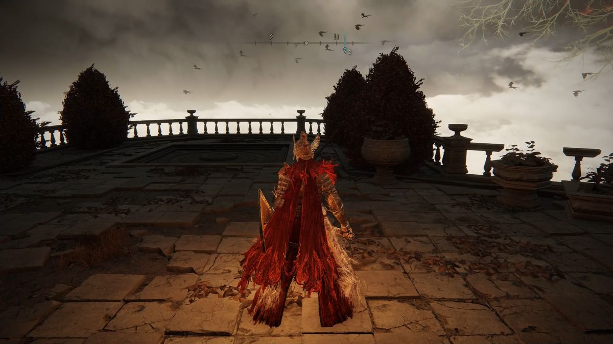 An Elden Ring character stands on a balcony with birds flying in front.