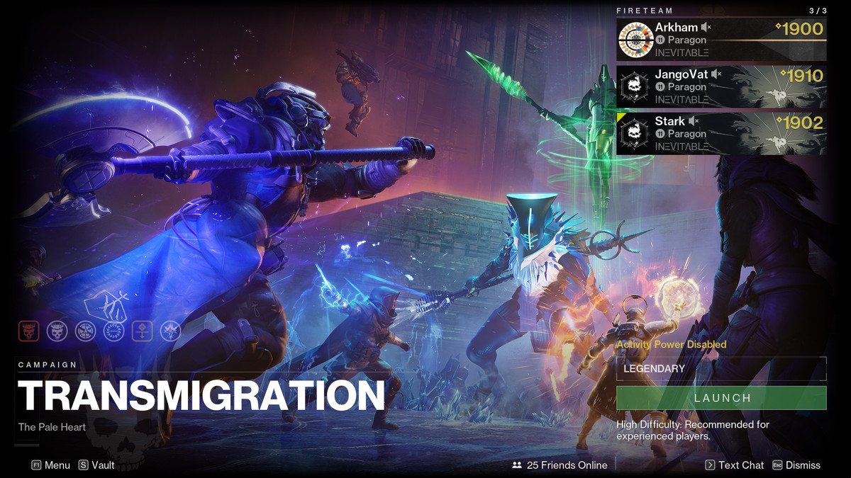 Guardians select the Transmigration Legendary mission in Destiny 2