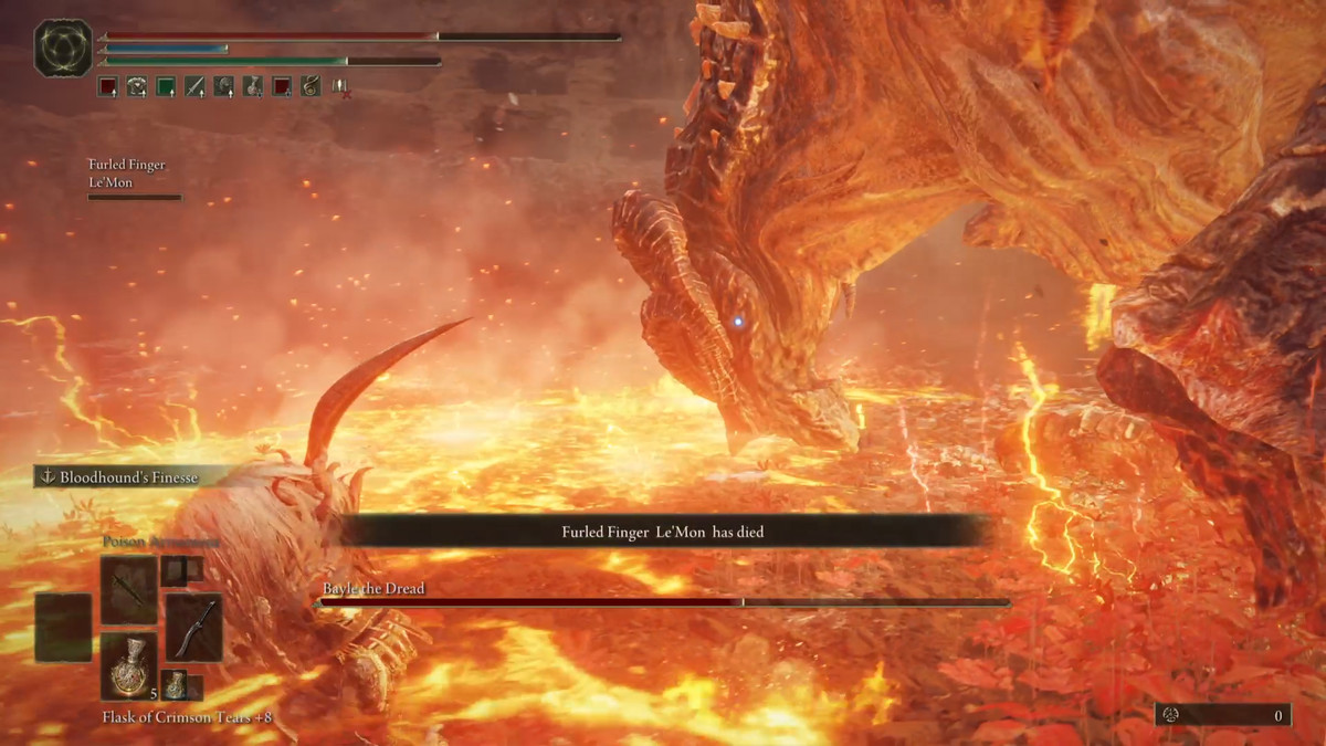 Bayle the Dread covers the ground in fire during an Elden Ring DLC boss fight.