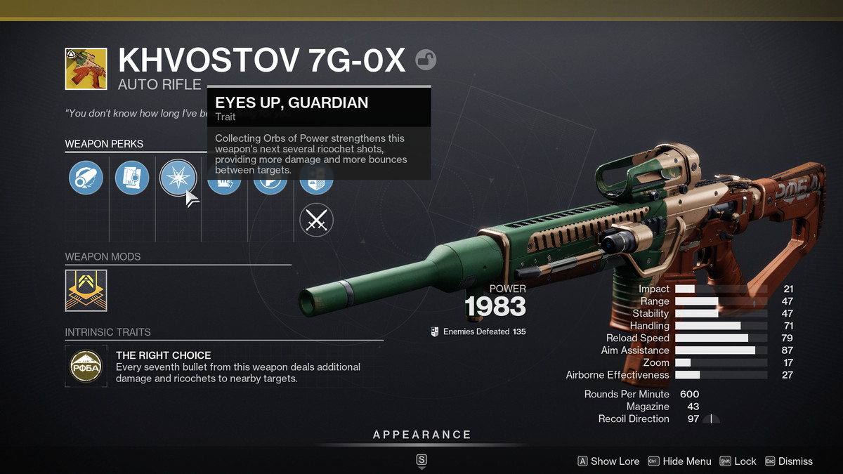 The Exotic Khvostov auto rifle in Destiny 2