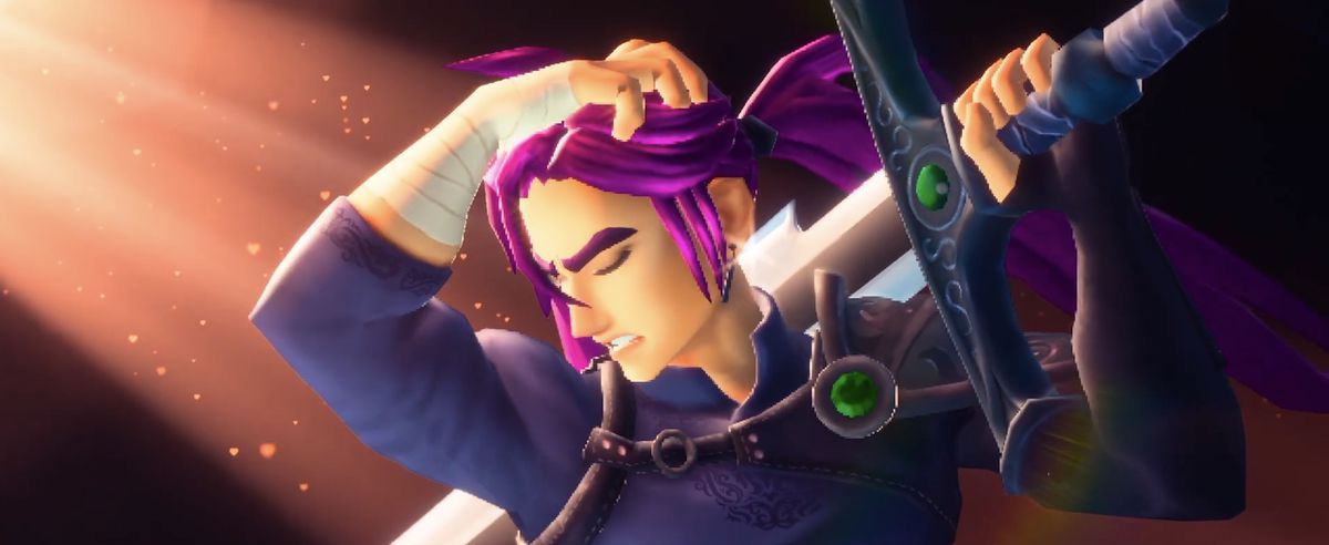 A low-poly video game character dramatically bending his head as he grips his massive sword with one hand, purple hair billowing in the wind