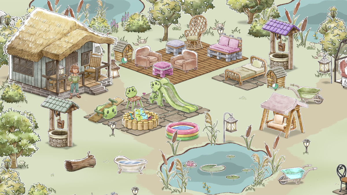 Kamaeru screenshot of frogs living their best life on a decorated plot of land