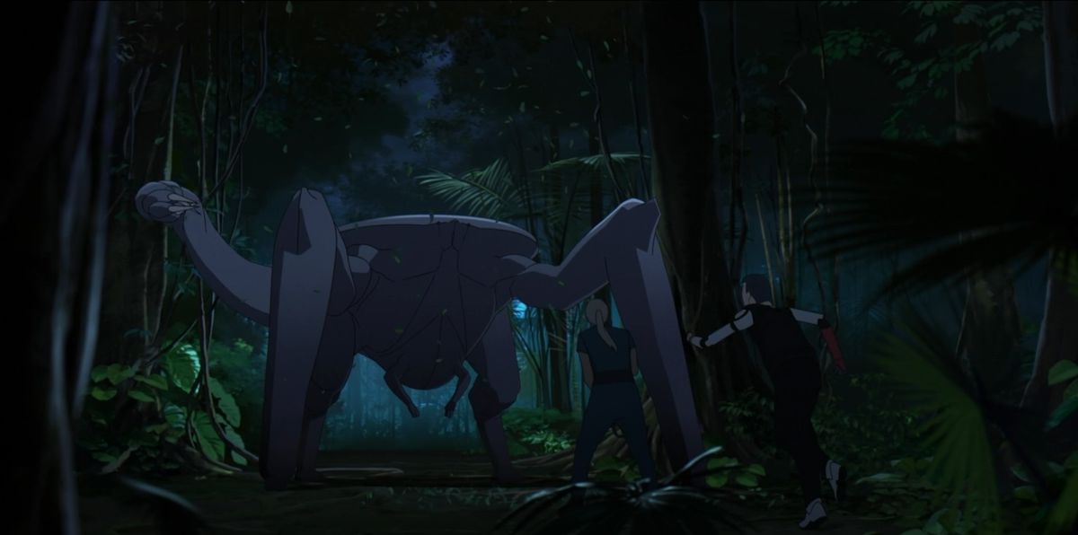 An large organic monster with four large legs, two small arms, and a snake-like tail standing in a wooded clearing in front of a woman and a robot in Mars Express.