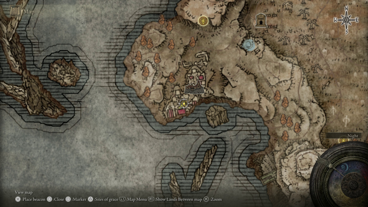 A location on the map in Elden Ring showing where you can find a Bloodfiend’s Arm weapon