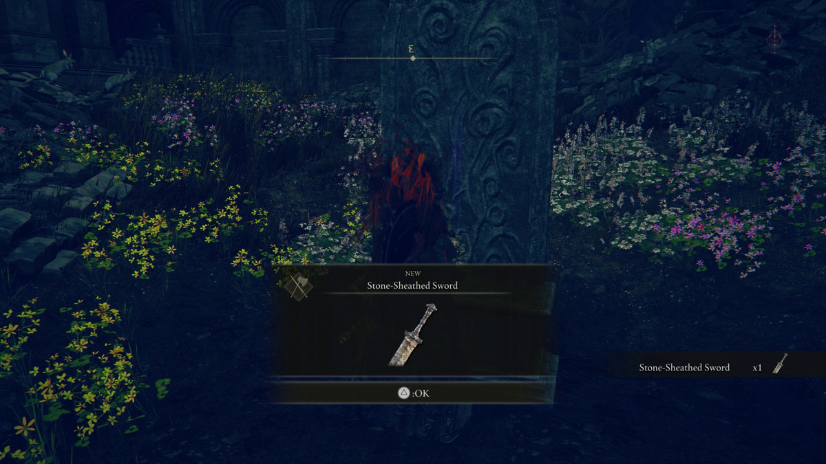 A Tarnished collects a new weapon, Stone-Sheathed Sword, in Elden Ring: Shadow of the Erdtree