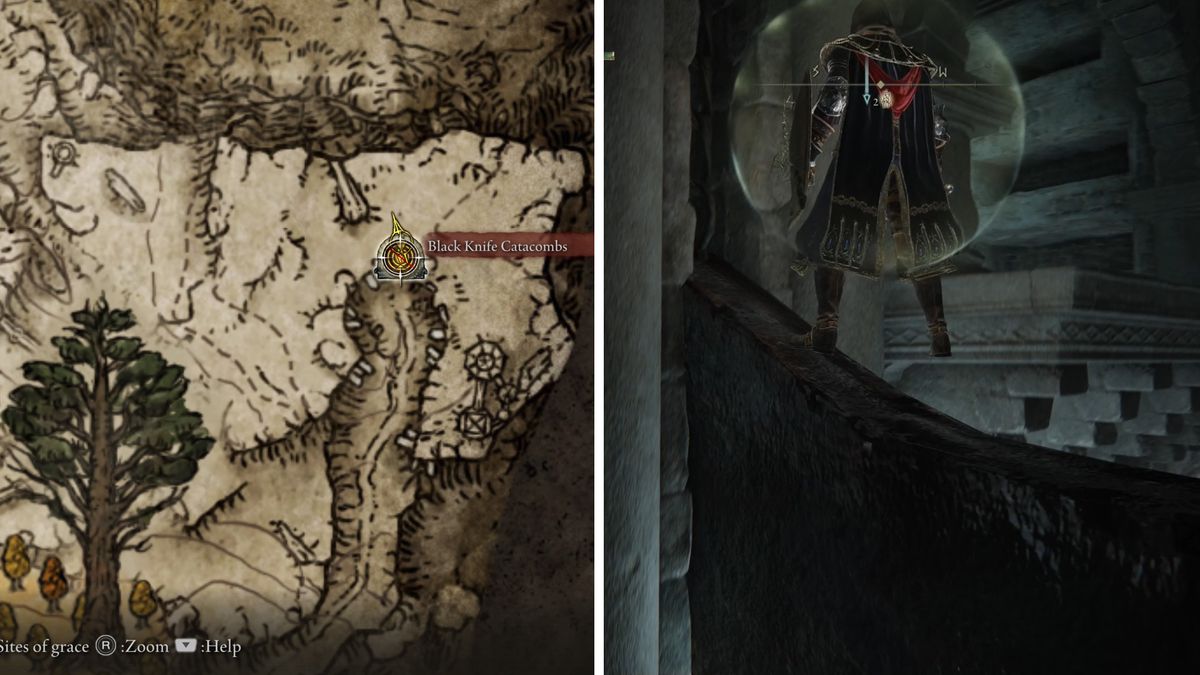 A map shows the location of the Black Knife Catacombs in Elden Ring on the way to Rogier’s quest.