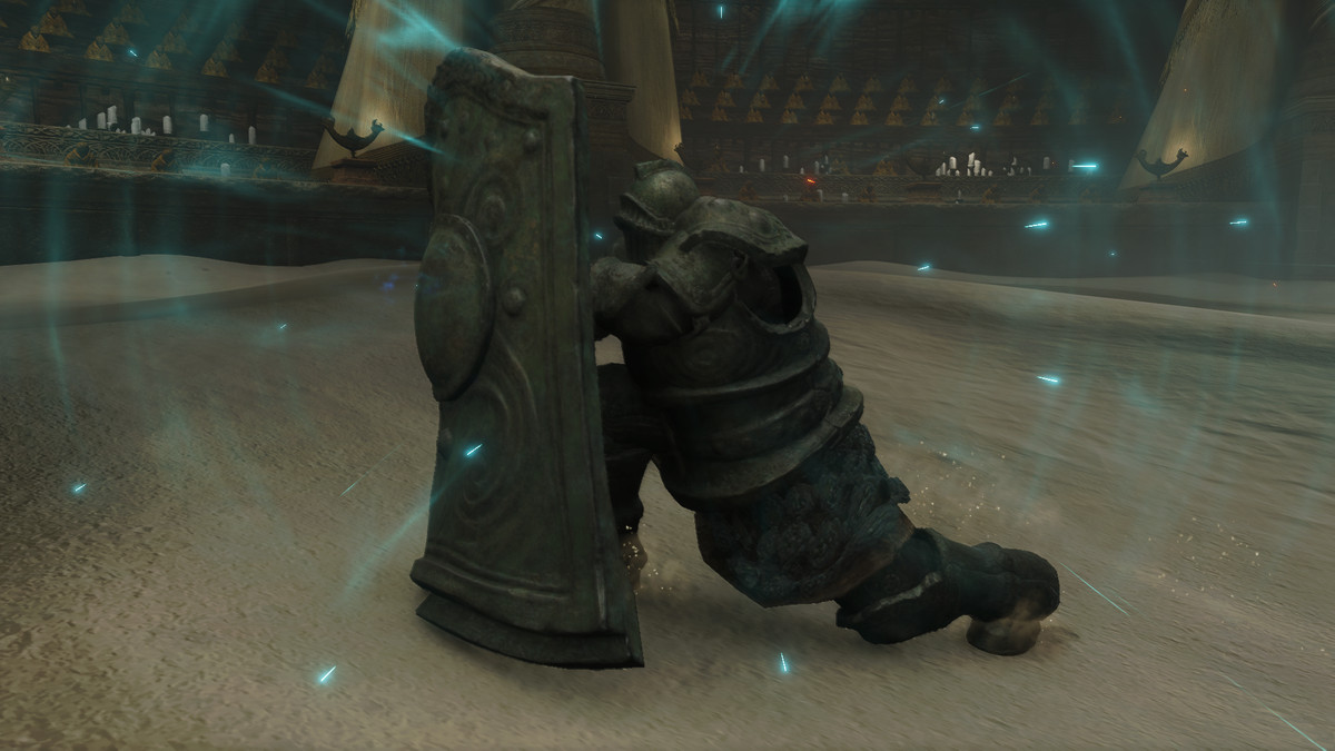 Moore thrusting his shield forward during the Leda boss fight in Elden Ring Shadow of the Erdtree