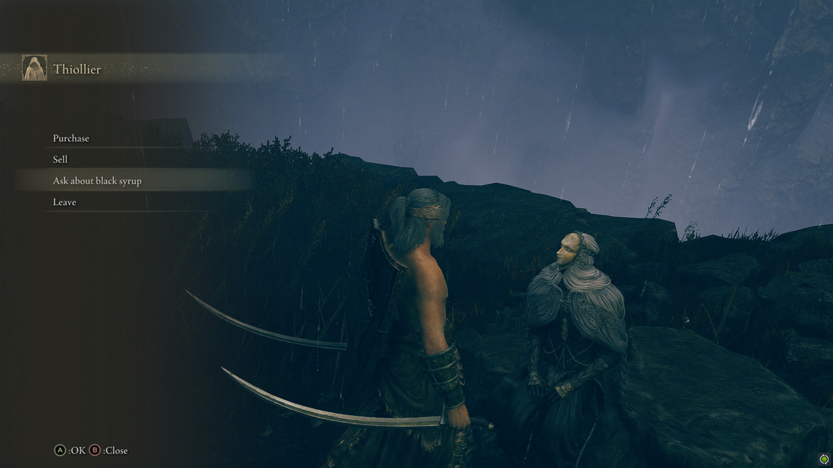 A screenshot of a Tarnished in Elden Ring Shadow of the Erdtree asking Thiollier about the Black Syrup