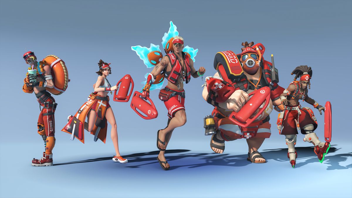 Lifeguard skins for Junkrat, Kiriko, Lifeweaver, Roadhog, and Lucio