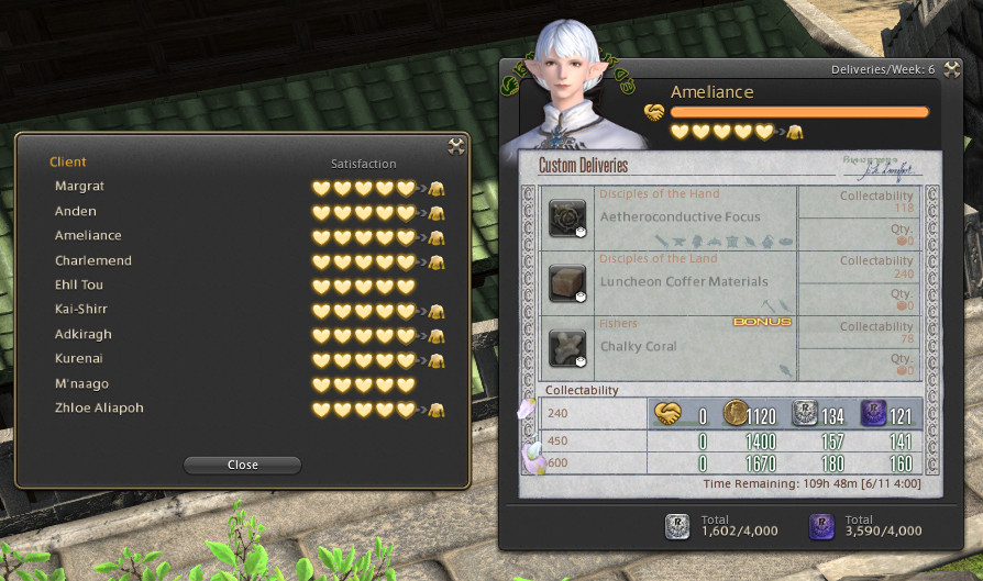 The custom delivery menu in-game, showing what Ameliance wants this week in FFXIV