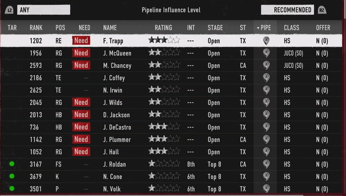 The recruiting screen of the College Football 25 Dynasty menu showing the active pipelines for New Mexico 