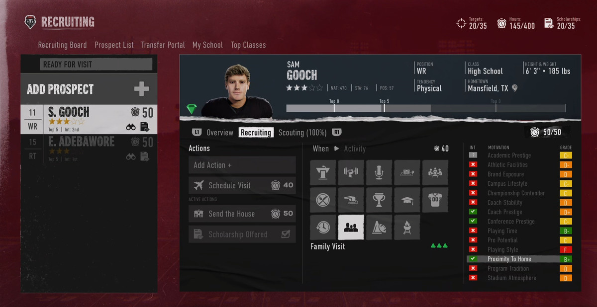 A randomly generated player profile in College Football 25’s Dynasty mode for the player Sam Gooch on the visit screen