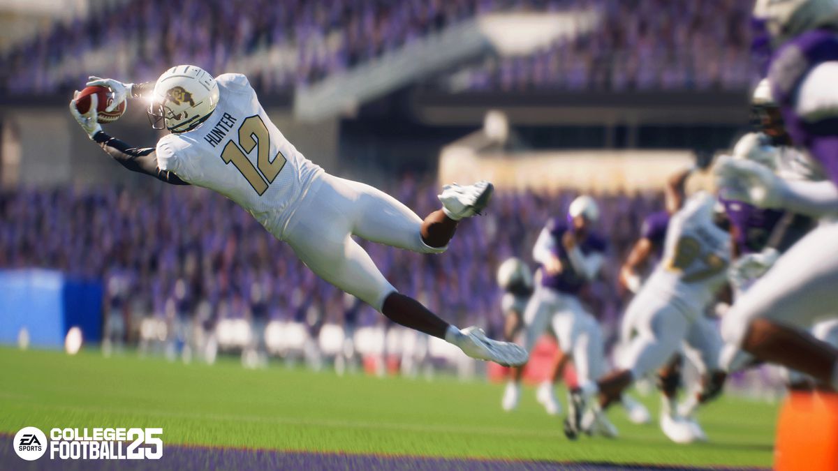 Colorado Buffaloes wide receiver Travis Hunter makes a diving touchdown catch in a screenshot from EA Sports College Football 25