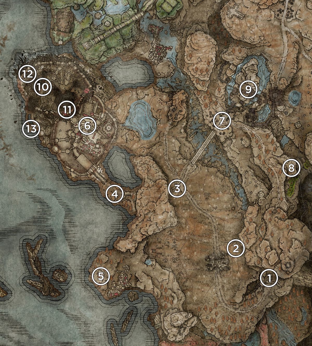 A map of the Gravesite Plains from Elden Ring’s DLC, Shadow of the Erdtree, marked with the locations of Scadutree Fragment.