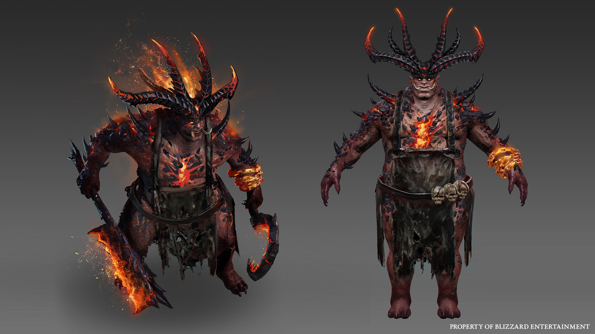 Concept art of the flaming Butcher, a giant demon who is on fire and has fearsome weapons, in Diablo 4