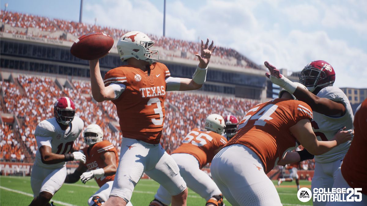 A screenshot from EA Sports College Football 25 depicting a Texas Longhorns player in the midst of a pass, as his teammates block an oncoming opposing player