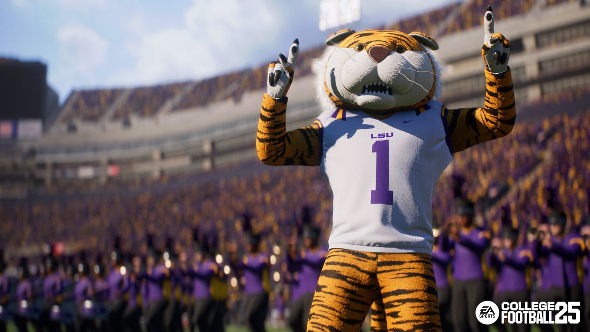 A screenshot of the LSU tiger mascot pointing at the sky in a stadium from EA Sports College Football 25