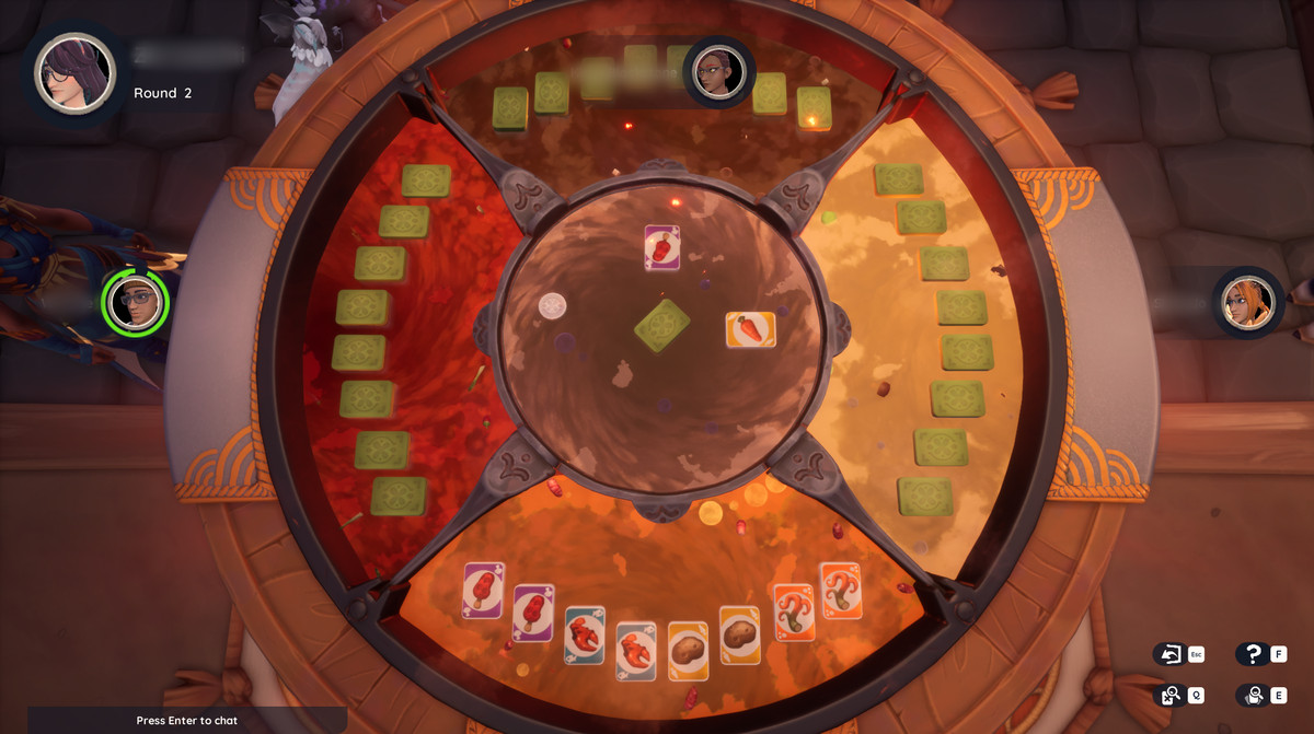 A top-down view of the Hot Pot card game in Palia, showing four players at a table made out of boiling hot soup. Each player has an arrangement of nine cards.