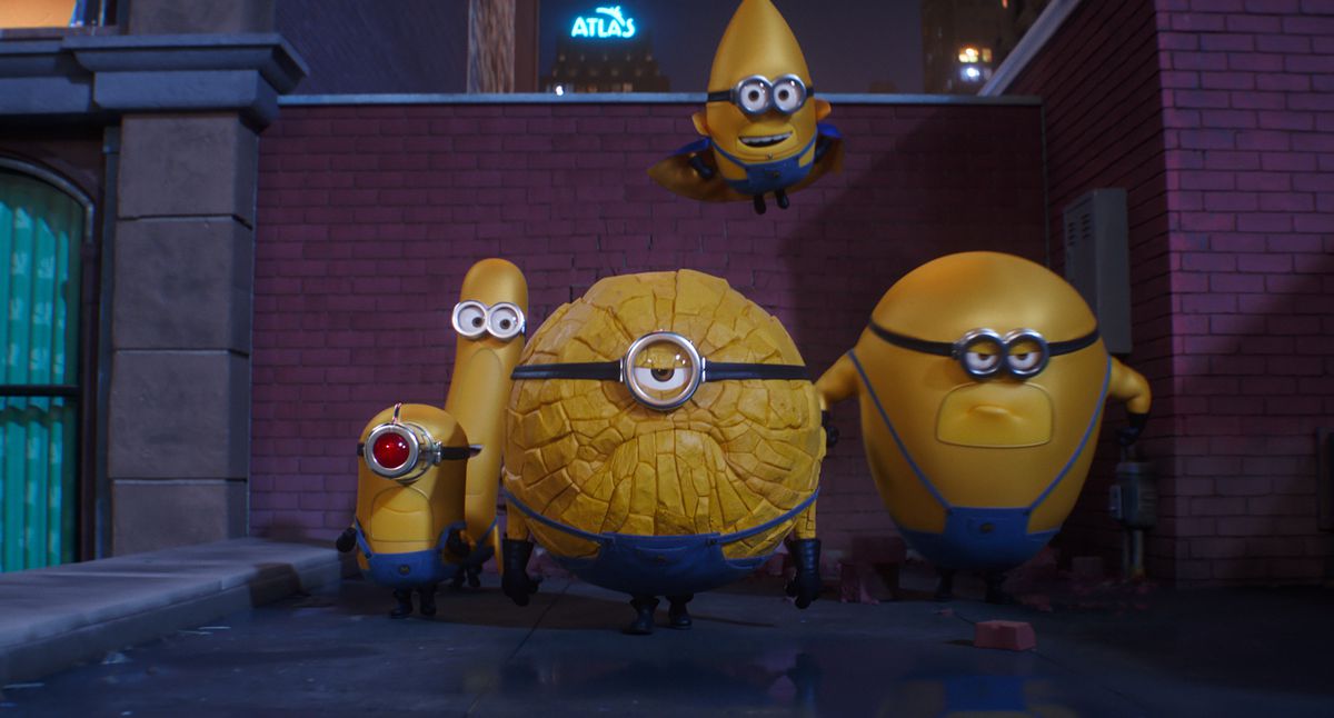 A group of Minions, now with superpowers, so one looks like a boulder, the other like a rocket, one has stretchy powers, and the other has a big laser eye. And one is just bigger and stronger.