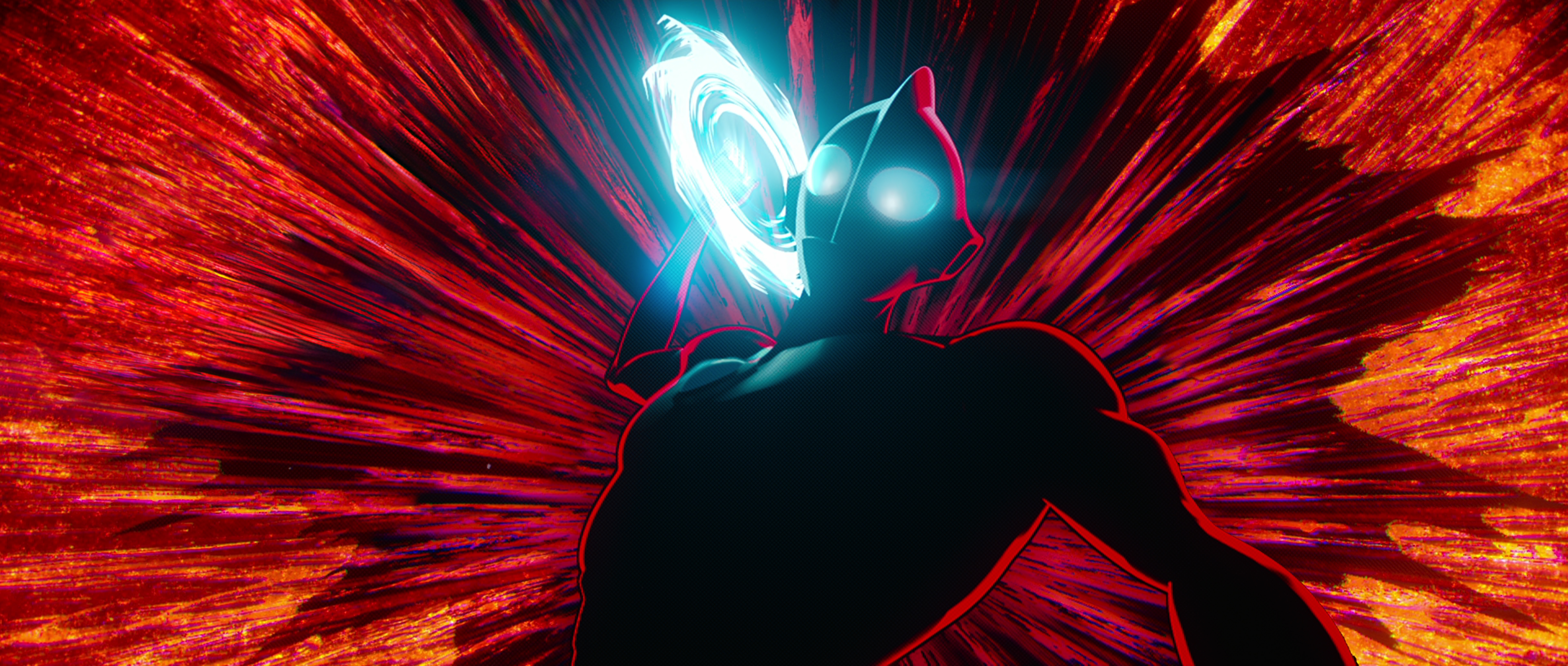 Ultraman, a robotic figure with huge, round, glowing blue eyes and a central head-fin, rears back to throw a spinning, circular, blue, glowing energy blade as he stands silhouetted against a fan of red and orange color in Ultraman: Rising