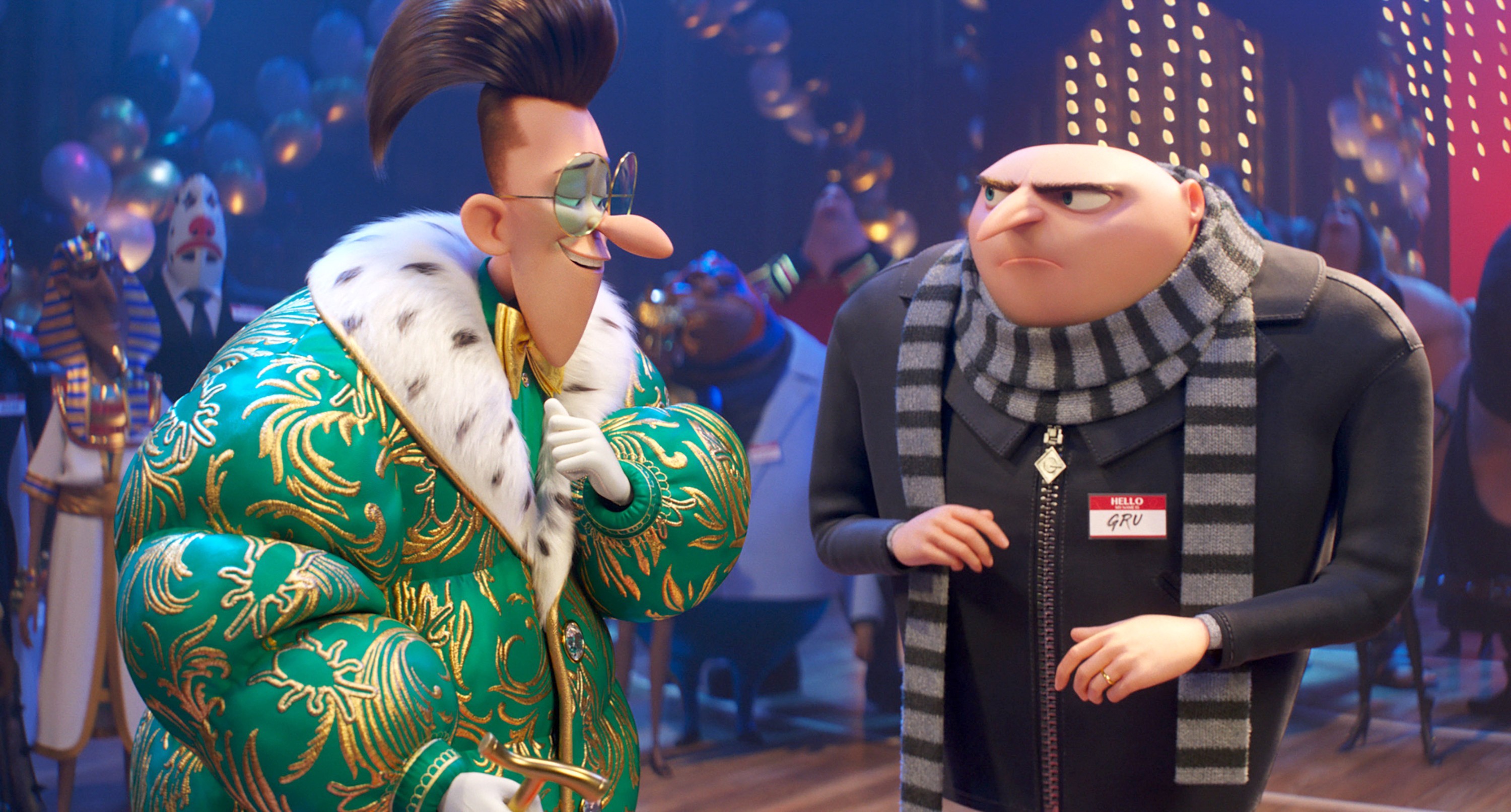 Bald, pointy-nosed former supervillain Gru (voiced by Steve Carell) stands at a crowded gathering wearing a “Hello, my name is” nametag and scowls at former classmate Maxime Le Mal (voiced by Will Ferrell), a skinny man with a gigantic poof of hair and a shiny gold-and-green puffy coat in Despicable Me 4