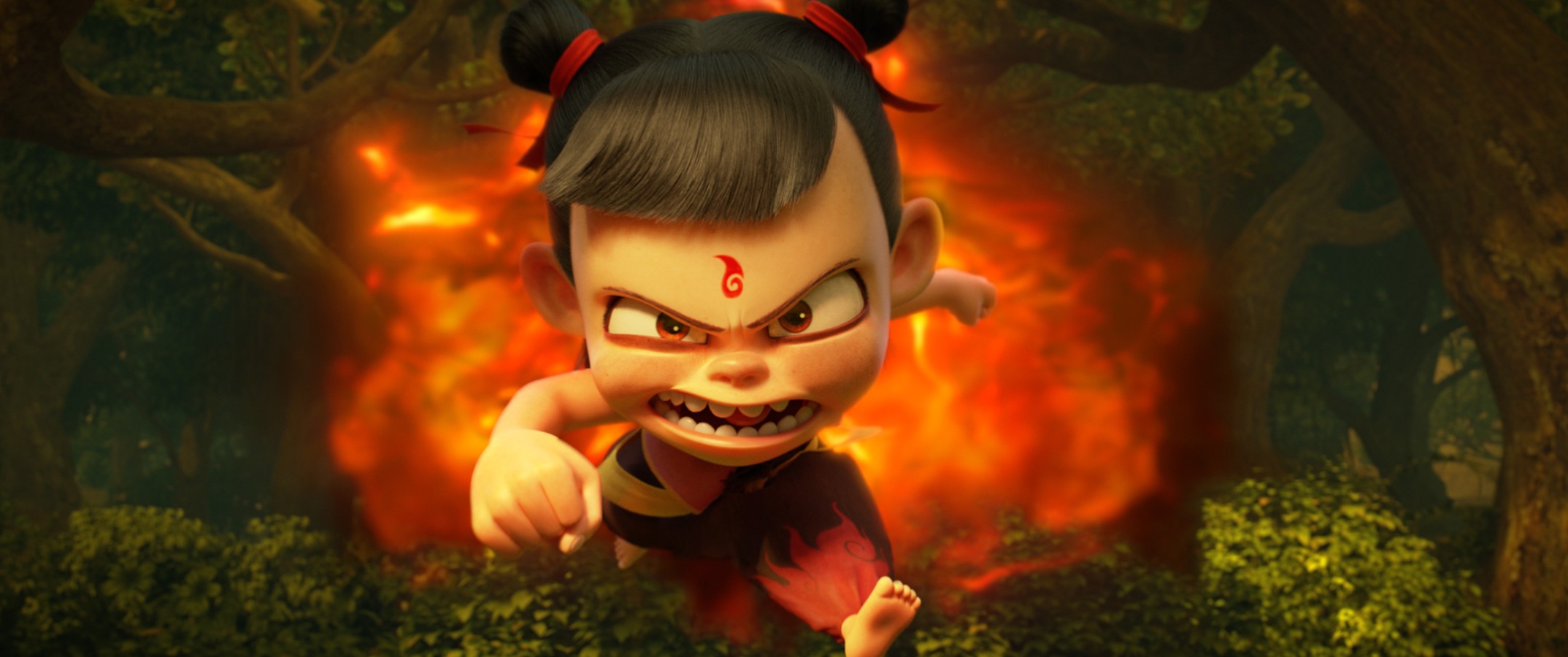 A young kid with an angry look on their face runs toward the camera with fire behind them in Nezha