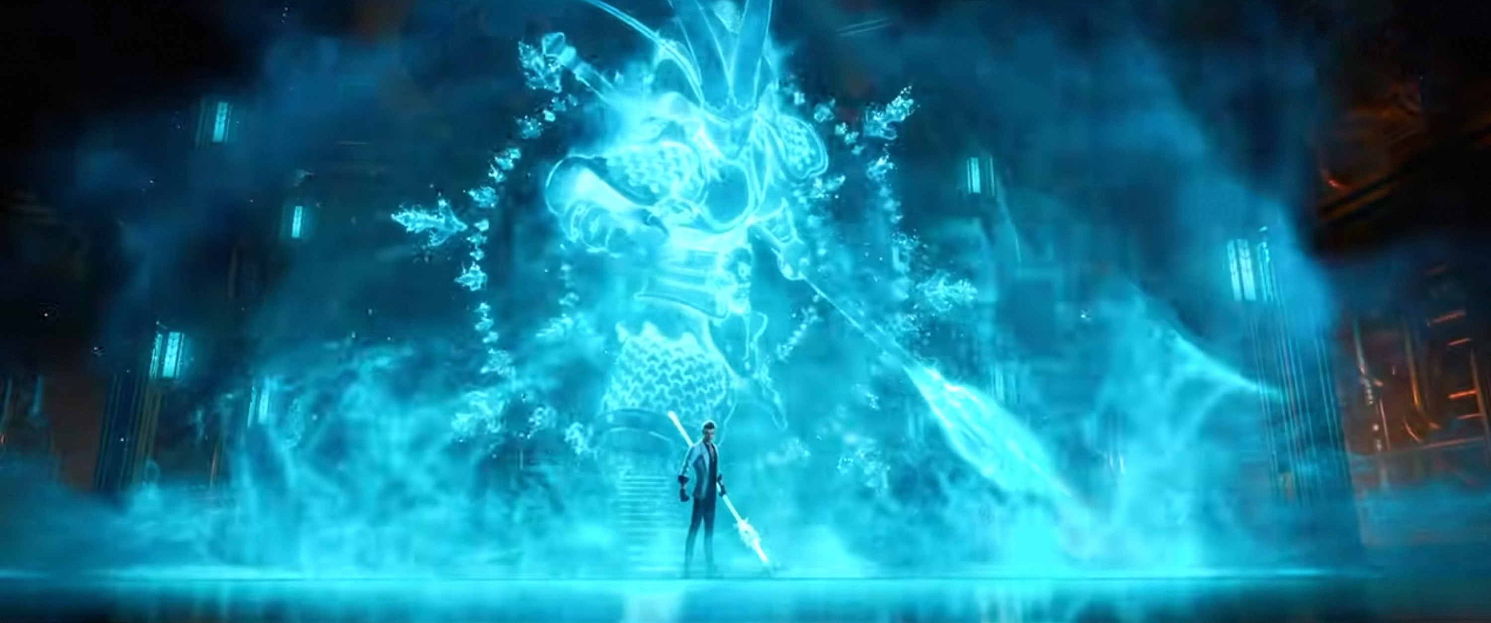 A man with a spear stands in front of a massive glowing bigger man with a spear in New Gods: Nezha Reborn