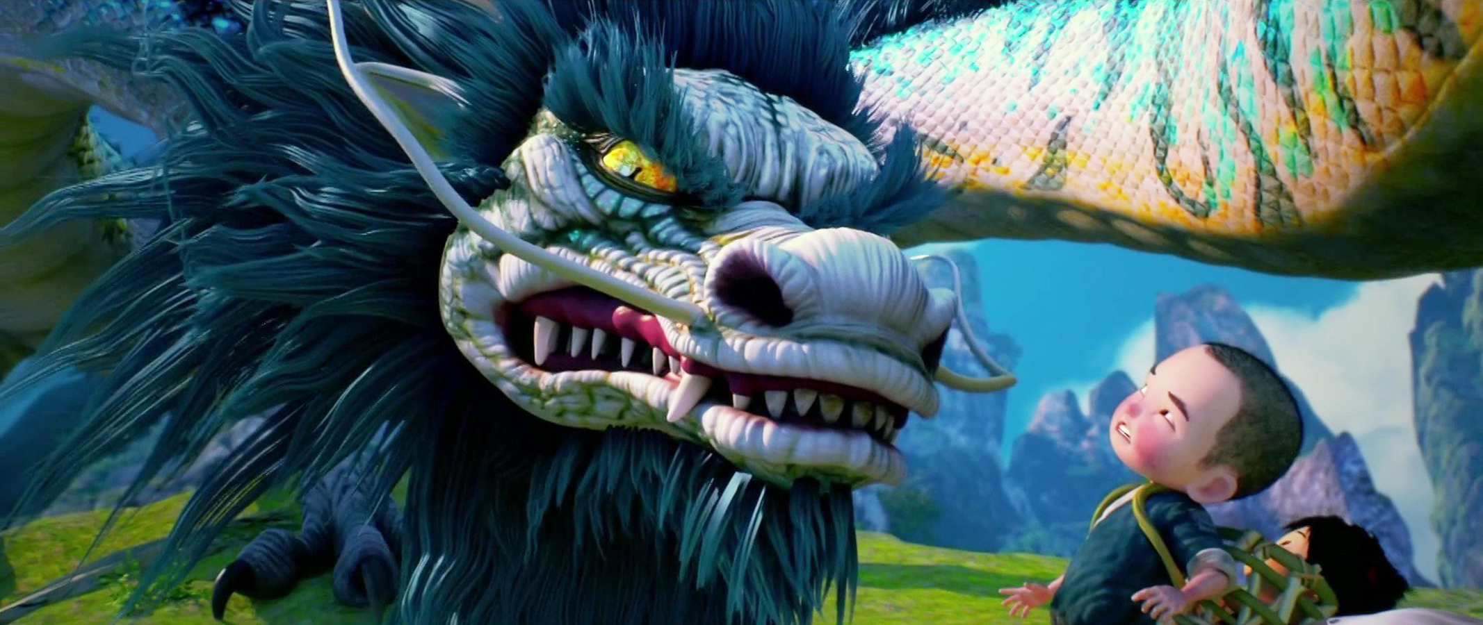 A small child talks to a brightly colored dragon in Monkey King: Hero is Back 