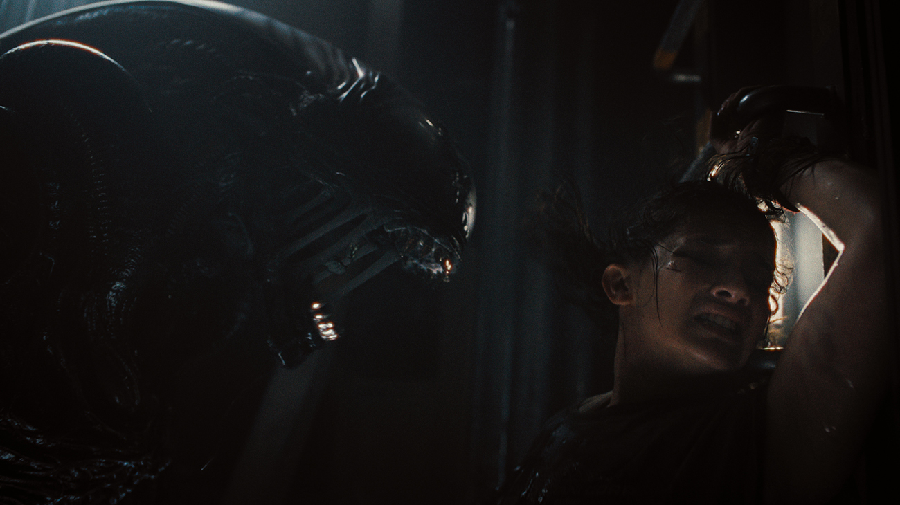 A xenomorph alien creature opening its jaws mere inches away from a young woman’s face in Alien: Romulus.A xenomorph alien creature opening its jaws mere inches away from a young woman’s face in Alien: Romulus.