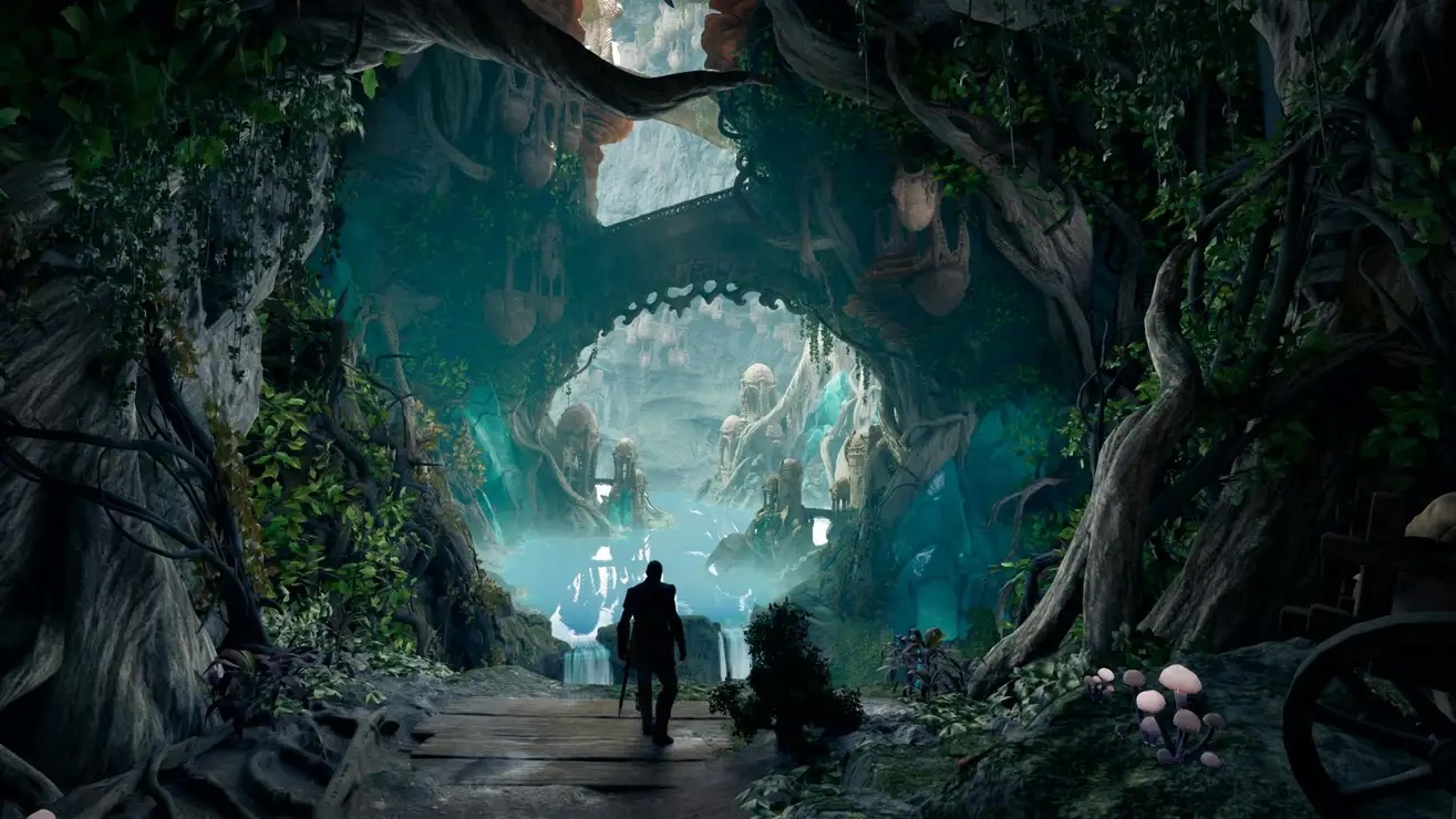 A silhouetted character walks towards an opening of a cave in a screenshot from Avowed