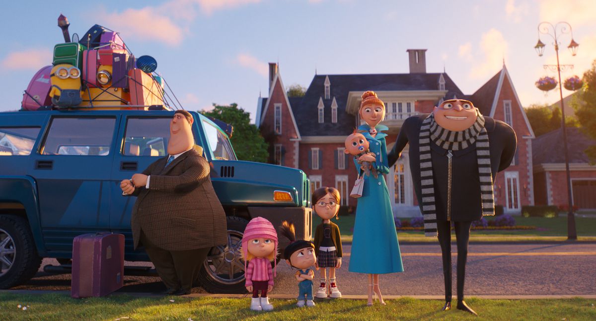 Gru and family standing outside a car, looking up at their new safe house