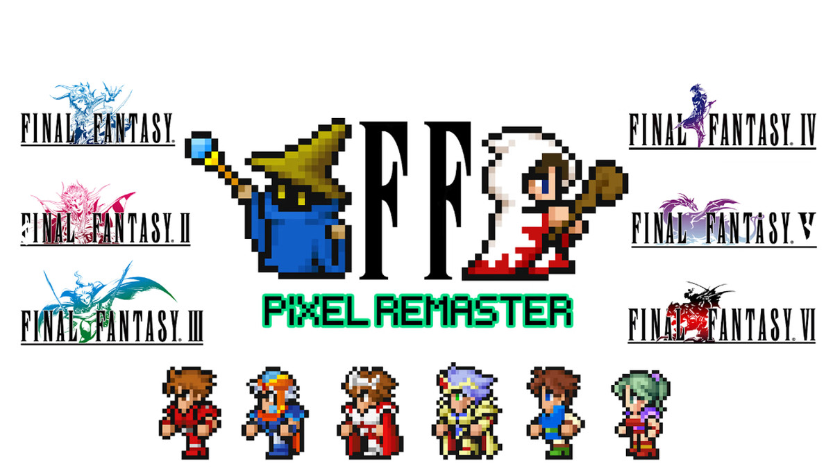 FF Pixel Remaster logo, featuring Final Fantasy I-VI logos and some key pixelated characters from each game