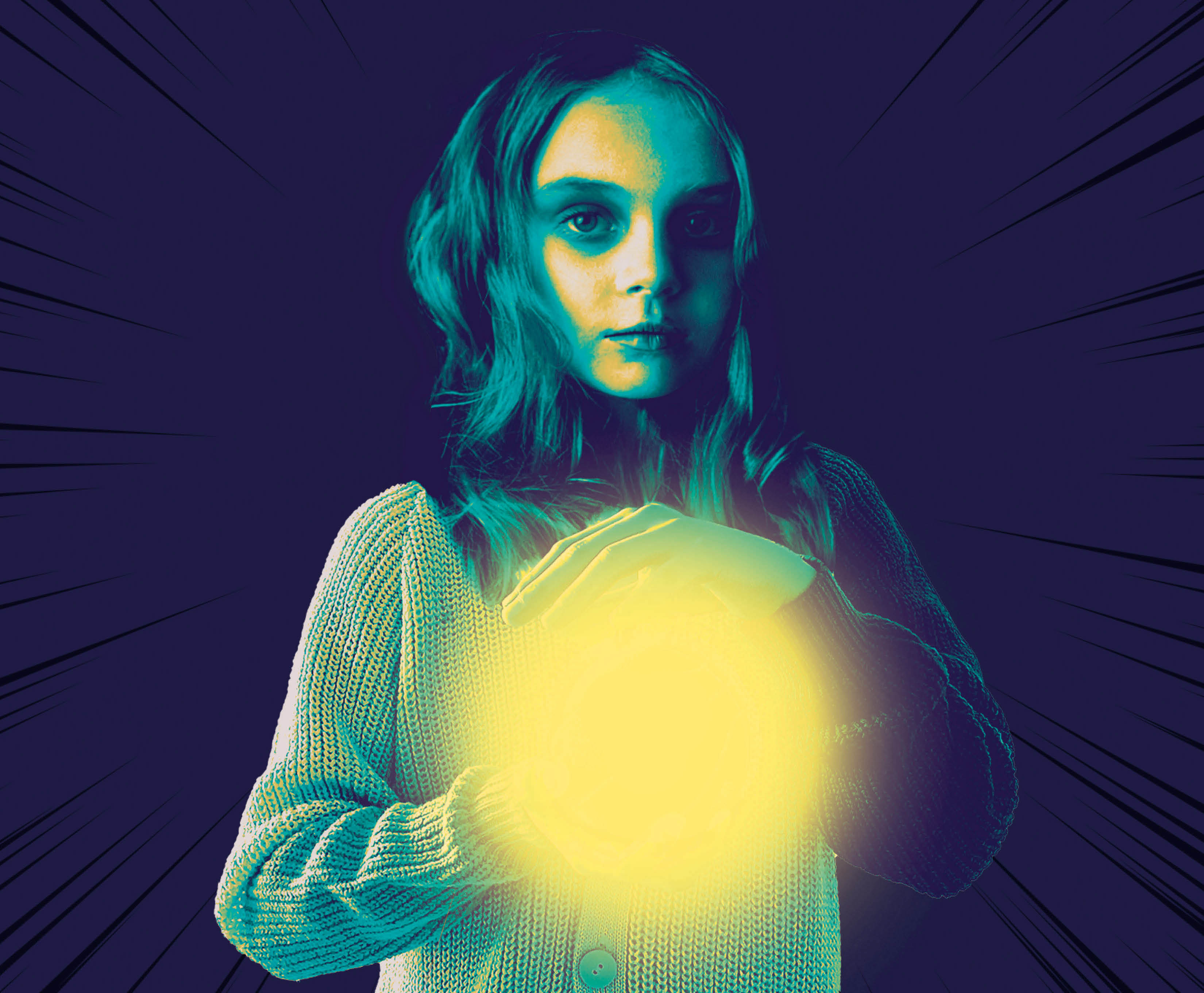 A spooky-looking, pale girl with long hair, holding a glowing ball of light, in a detail from the cover of Garth Nix’s We Do Not Welcome Our Ten-Year-Old Overlord