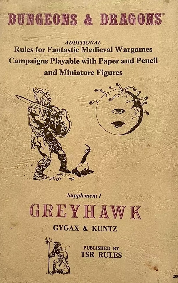 The cover of the original 1975 TSR Greyhawk supplement manual for Dungeons &amp; Dragons, featuring line art of a beholder and an armored paladin holding a sword