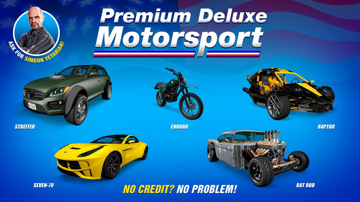 GTA Online promo art for vehicles for sale at Premium Deluxe Motorsport this week