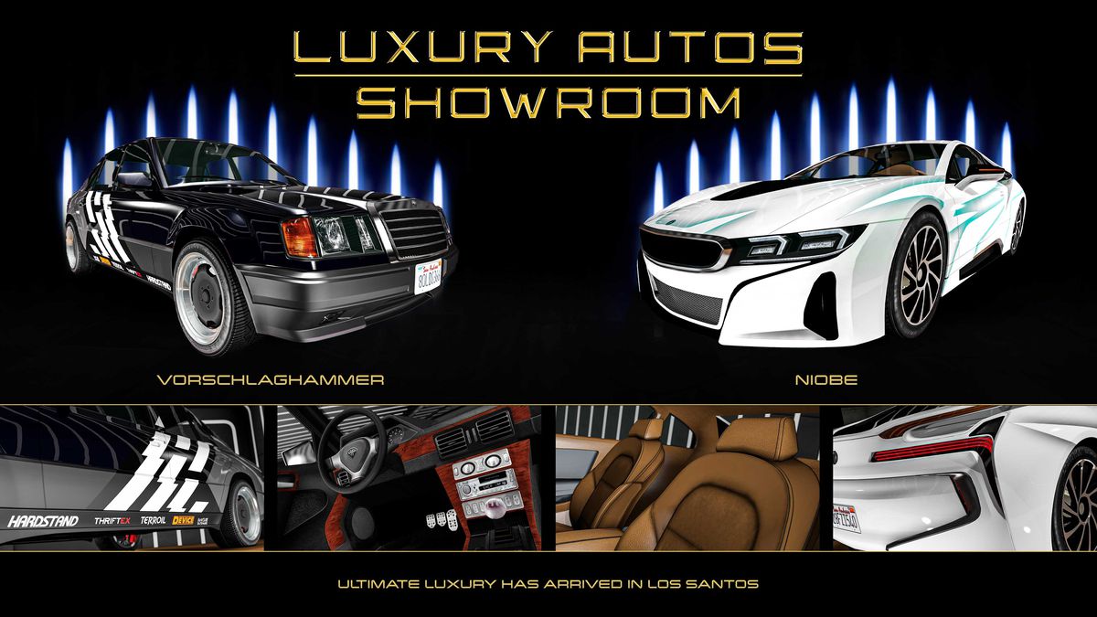 GTA Online promo art for vehicles for sale at Luxury Autos Showroom this week