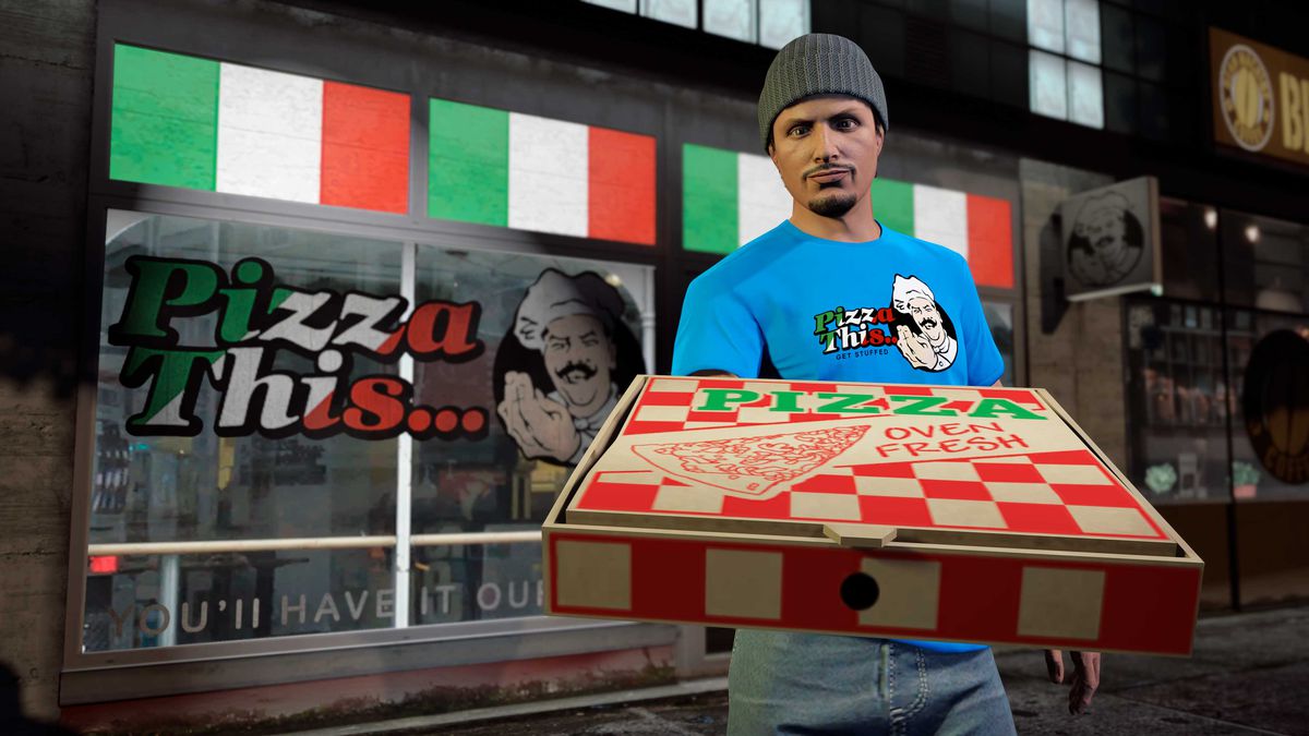 GTA Online promo art for the Pizza This… Tee