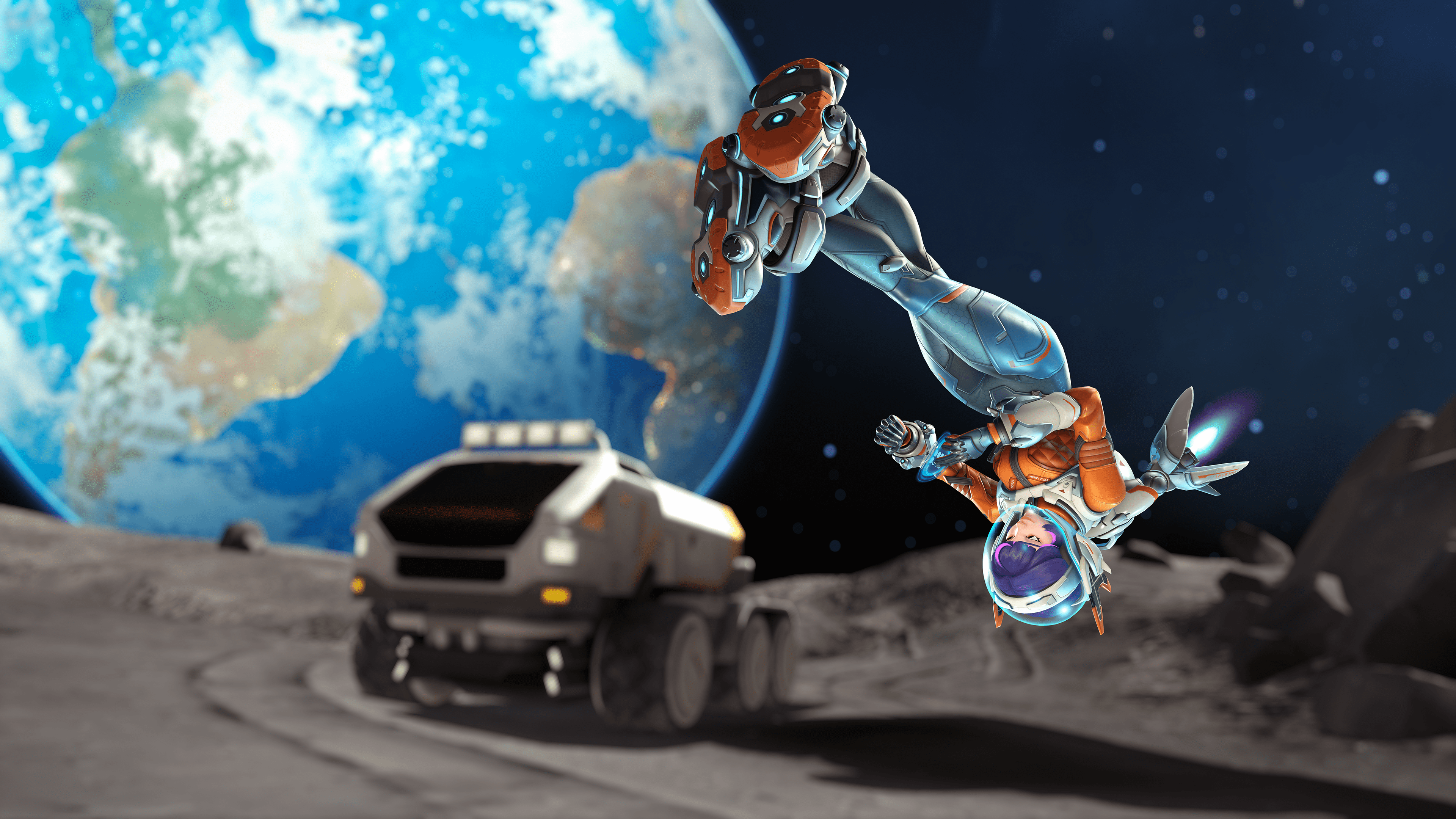 Juno from Overwatch 2 does a backflip on Mars, with the planet Earth in the sky in the background