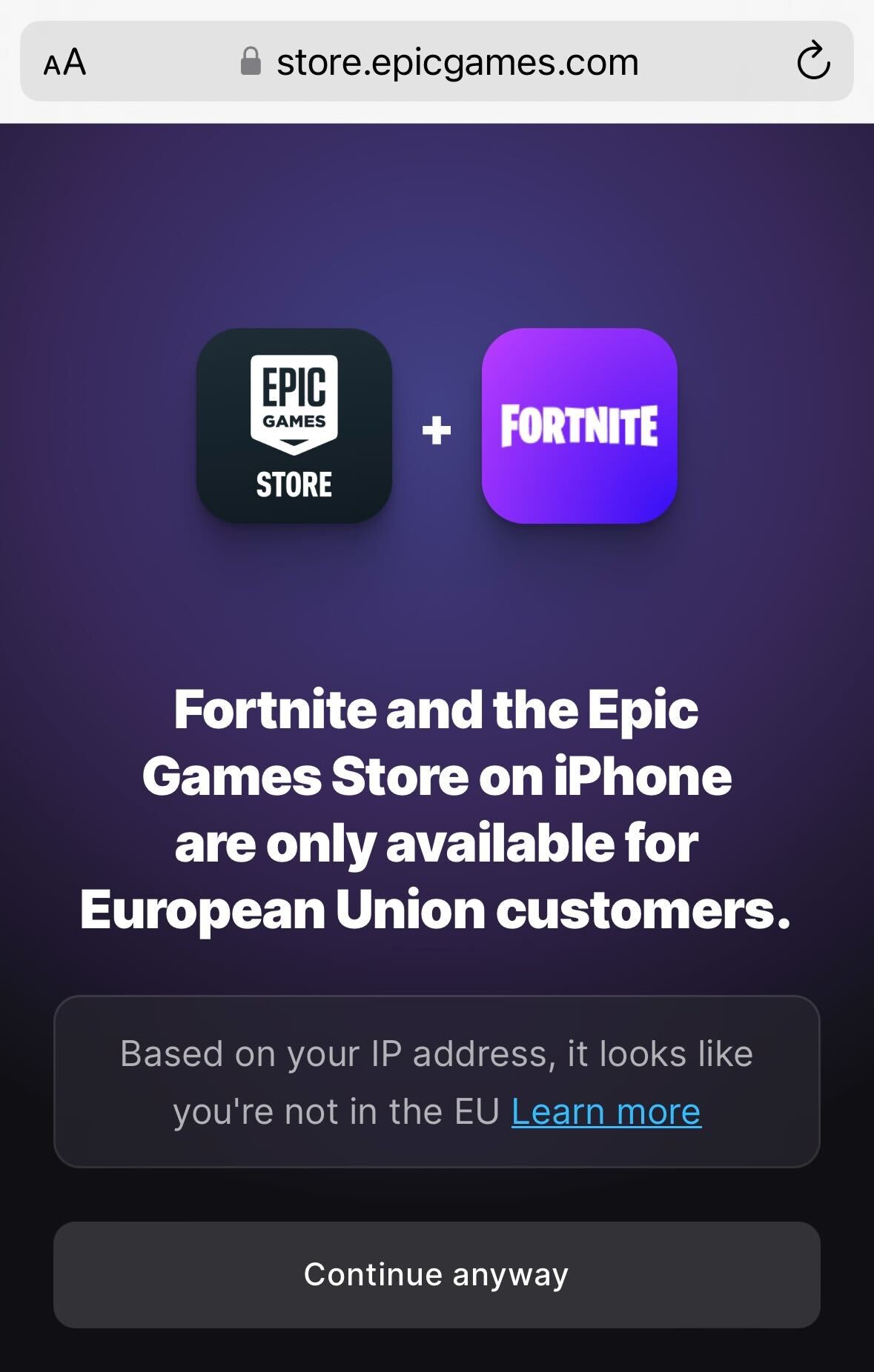 A screen showing whether you can install Fortnite and the Epic Games Store App on your device.