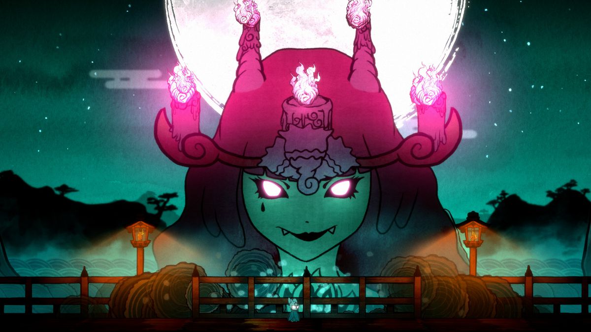 A big, demonic woman with a pink hat with candles stares with glowing eyes in Bō: Path of the Teal Lotus.