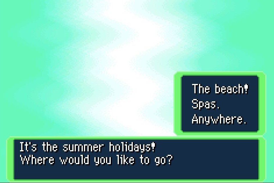 An image of a personality quiz in a Pokemon game. The text reads: It’s the summer holidays! Where would you like to go? There are three response options: The beach! Spas. Anywhere. 