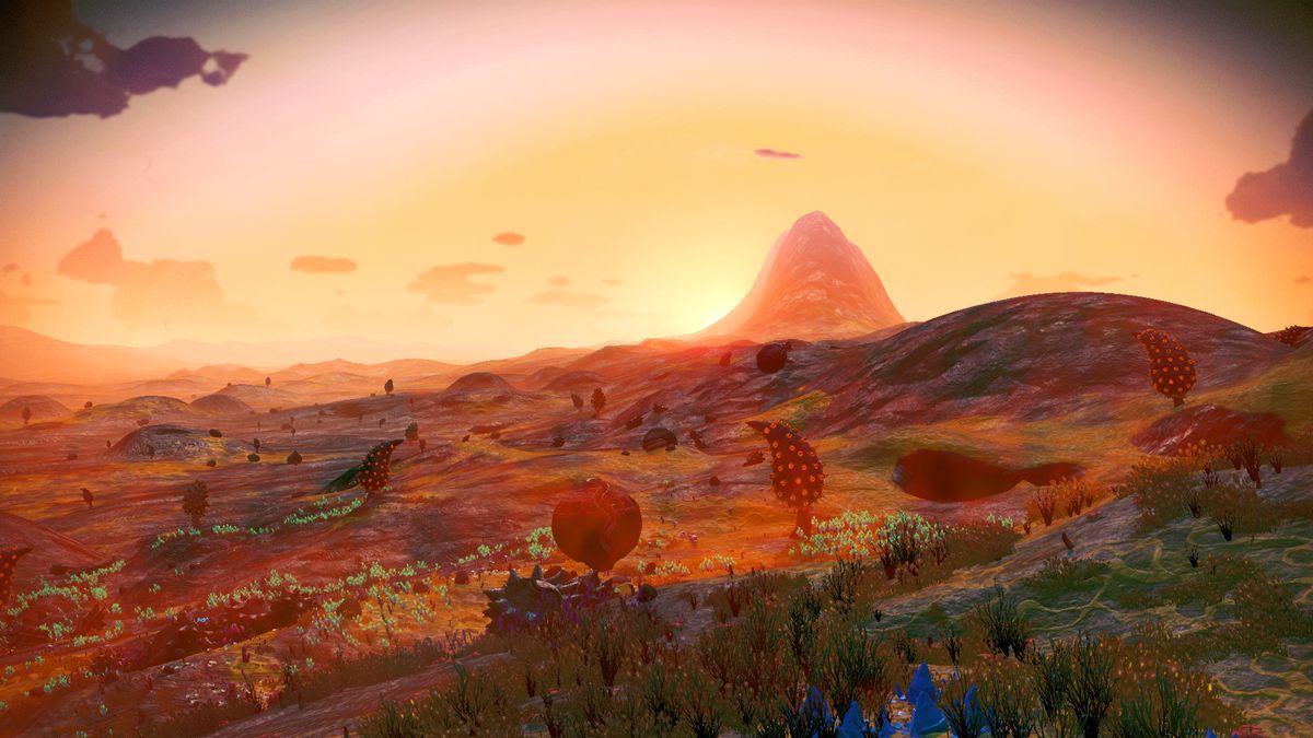 A swampy planet in No Man’s Sky, with weird fungi and grasses dotting the landscape.