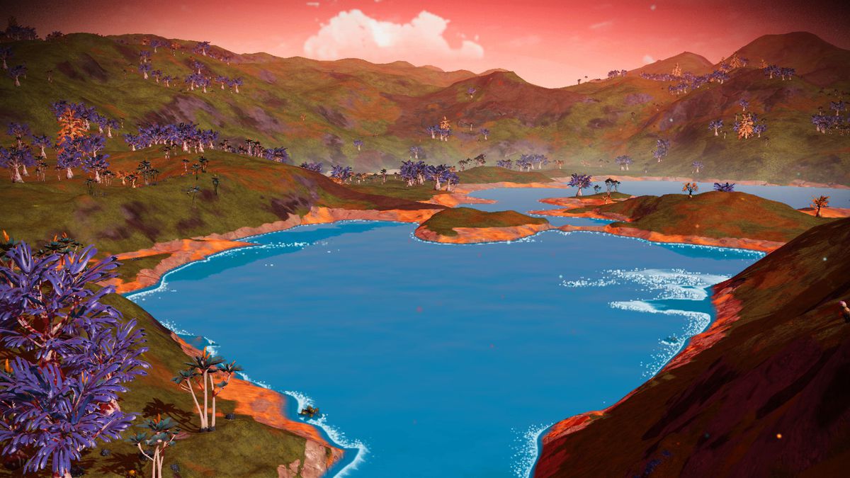 The tranquil planet of Anxiease in No Man’s Sky, with pink skies, blue waters, green grasses, and purple birch trees.