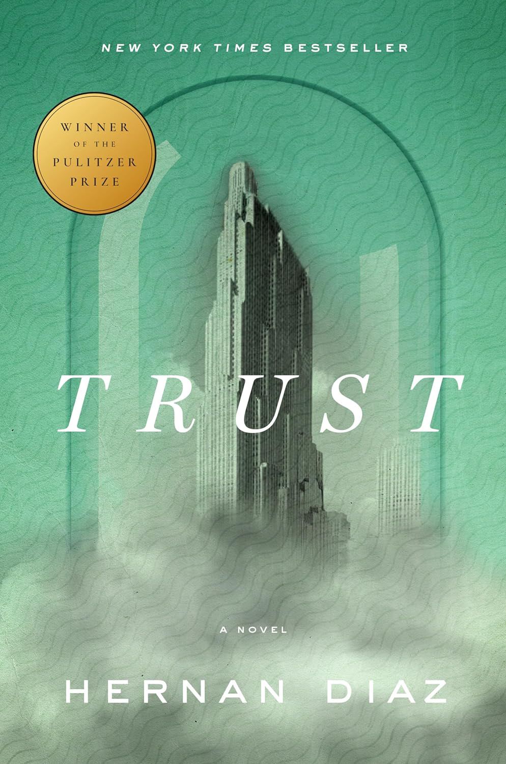 The book cover for Trust with a green background and a tower in the center 